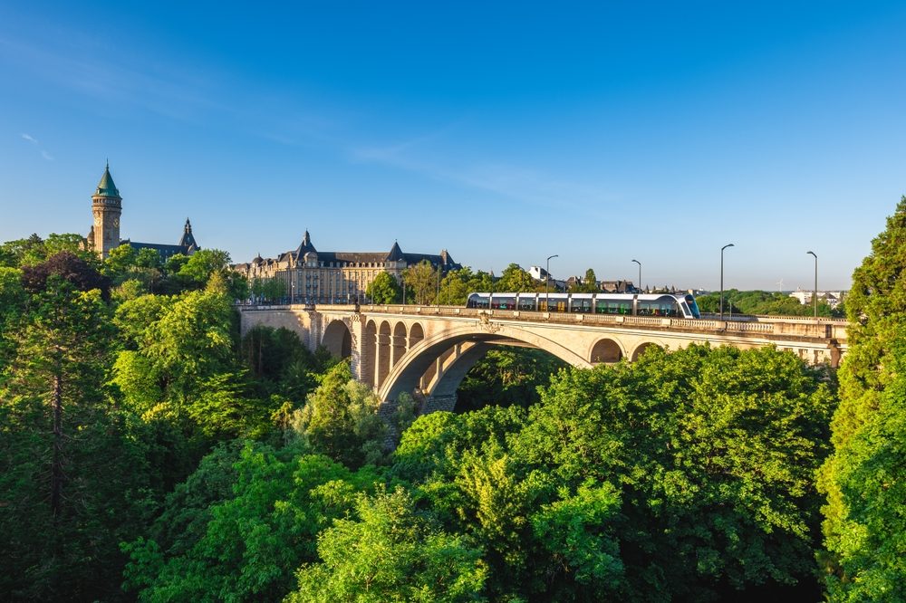 Pont Adolphe with the free tram crossing the Pétrusse valley in Luxembourg City